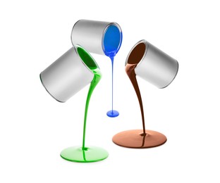 Image of Paints of different colors pouring out of cans on white background, collage