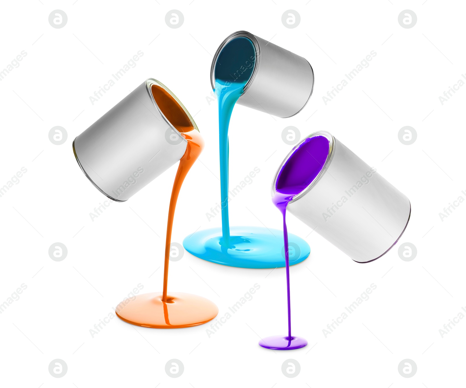 Paints of different colors pouring out of cans on white background, collage Image of Paints of different colors pouring out of cans on white background, collage