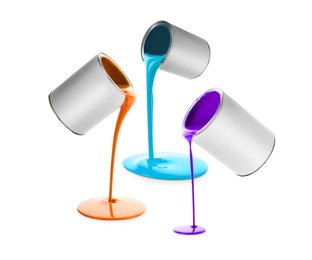 Image of Paints of different colors pouring out of cans on white background, collage