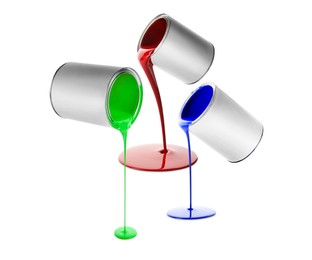 Image of Paints of different colors pouring out of cans on white background, collage