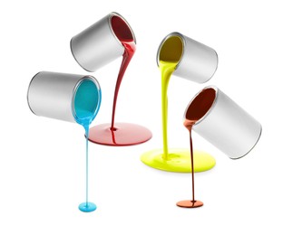Image of Paints of different colors pouring out of cans on white background, collage
