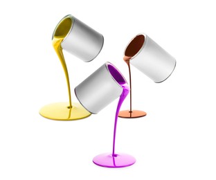 Image of Paints of different colors pouring out of cans on white background, collage