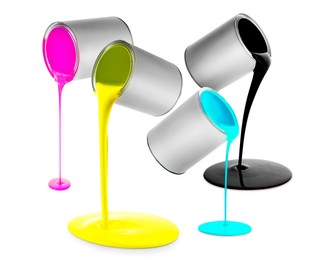 Image of Paints of different colors pouring out of cans on white background, collage