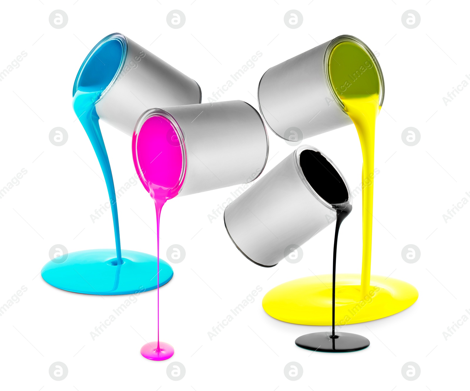 Image of Paints of different colors pouring out of cans on white background, collage