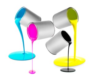 Image of Paints of different colors pouring out of cans on white background, collage