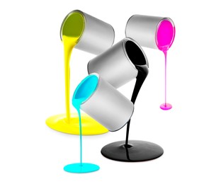 Image of Paints of different colors pouring out of cans on white background, collage