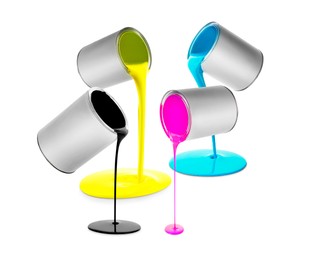 Image of Paints of different colors pouring out of cans on white background, collage