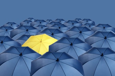 Image of Yellow umbrella among blue ones against color background