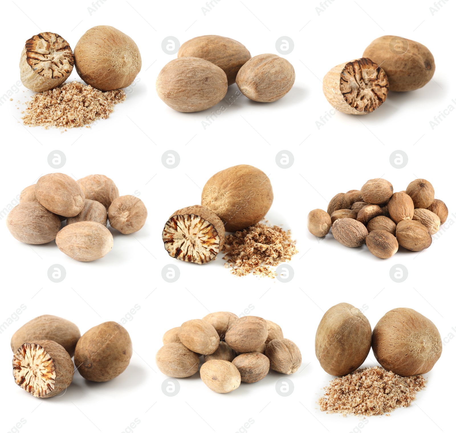 Nutmeg seeds on white background, set. Aromatic spice Image of Nutmeg seeds on white background, set. Aromatic spice