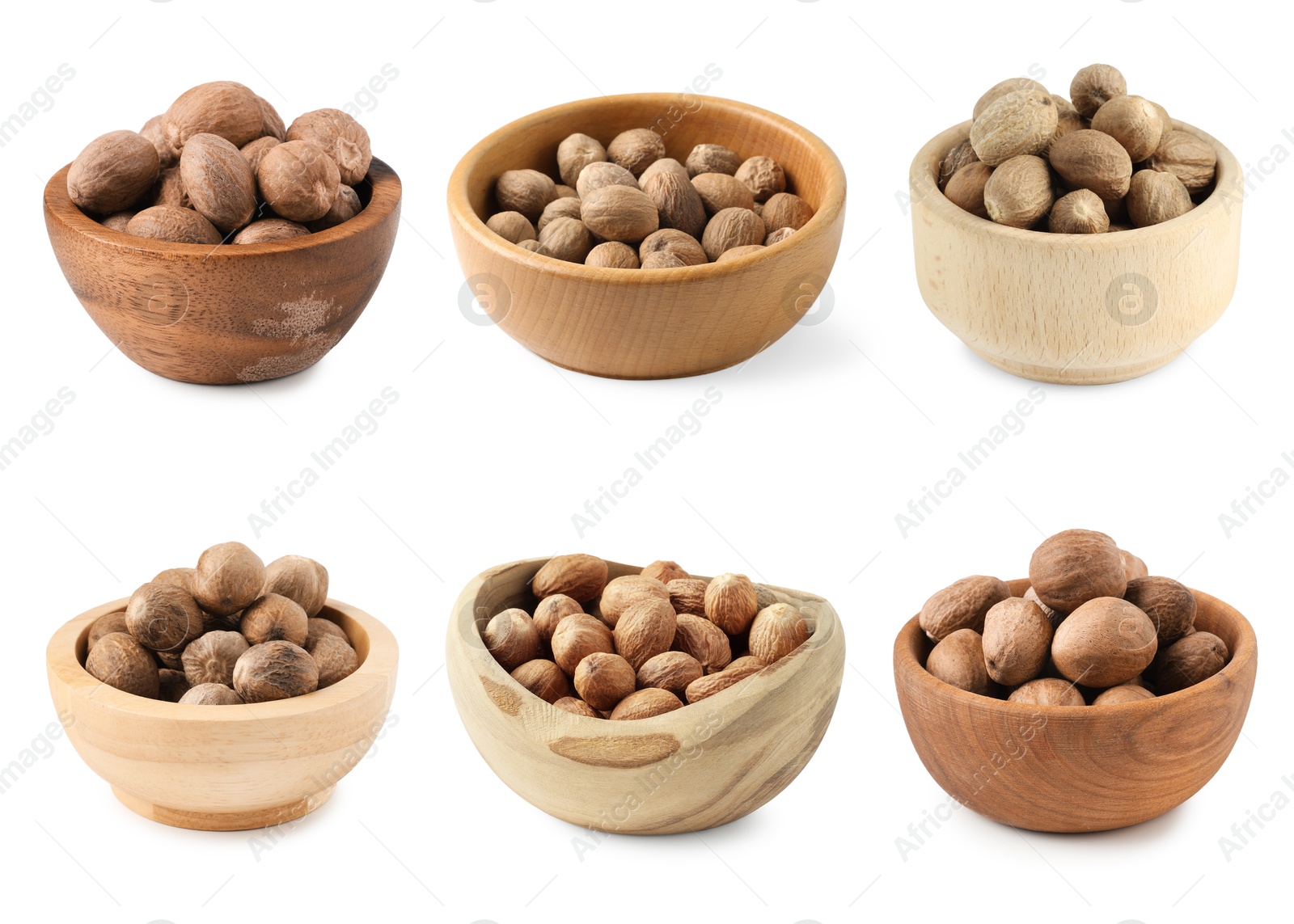 Nutmeg seeds in bowls on white background, set Image of Nutmeg seeds in bowls on white background, set