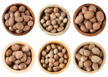 Image of Nutmeg seeds in bowls on white background, set. Top view
