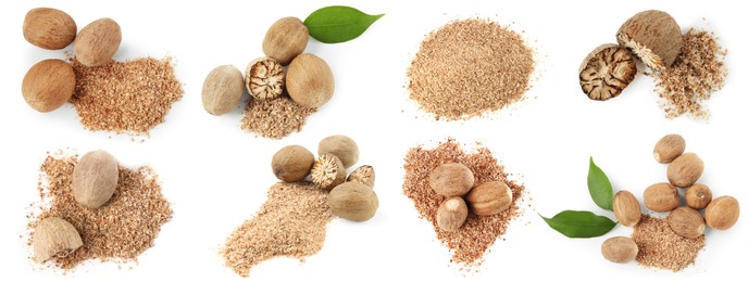 Image of Nutmeg seeds on white background, set. Aromatic spice
