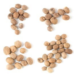Image of Nutmeg seeds on white background, set. Top view