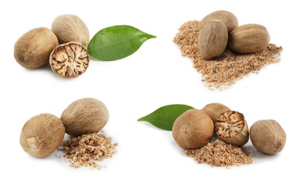 Image of Nutmeg seeds on white background, set. Aromatic spice