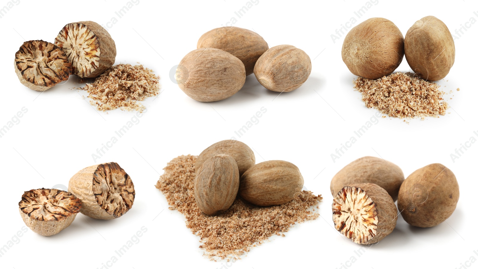 Nutmeg seeds on white background, set. Aromatic spice Image of Nutmeg seeds on white background, set. Aromatic spice