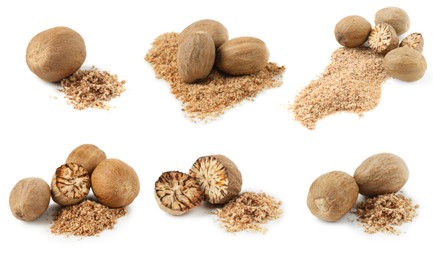 Image of Nutmeg seeds on white background, set. Aromatic spice