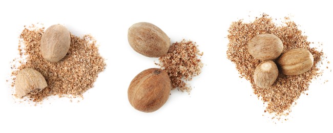 Image of Nutmeg seeds on white background, set. Top view