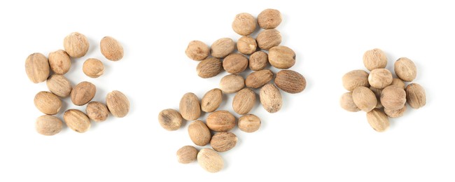 Image of Nutmeg seeds on white background, set. Top view