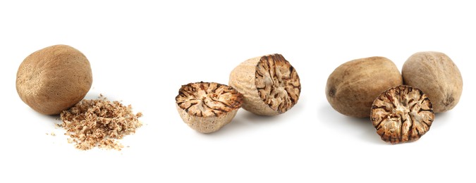 Image of Nutmeg seeds on white background, set. Aromatic spice