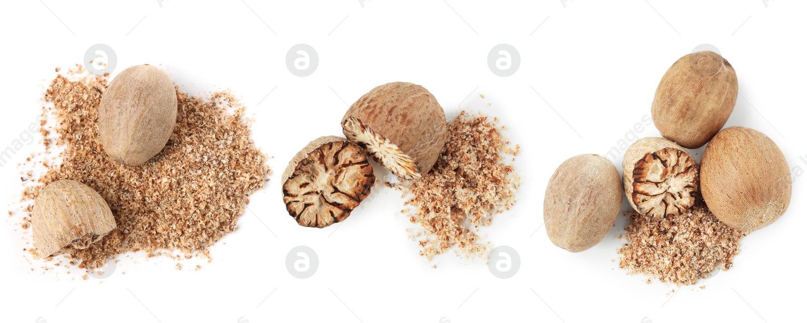 Nutmeg seeds on white background, set. Top view Image of Nutmeg seeds on white background, set. Top view