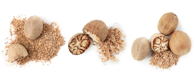 Image of Nutmeg seeds on white background, set. Top view