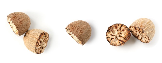 Image of Halved nutmeg seeds on white background, set. Top view