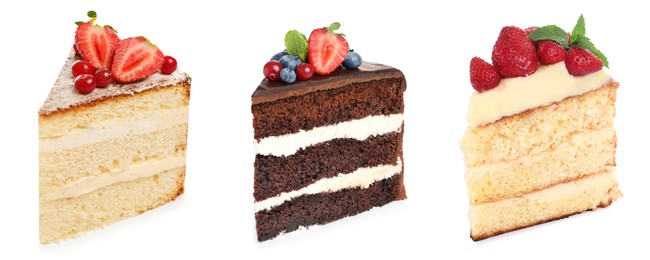 Image of Different tasty sponge cakes isolated on white, set