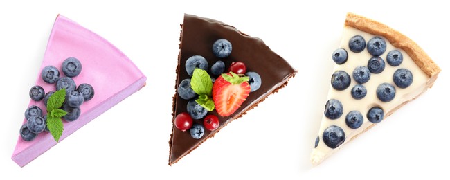 Image of Different tasty cakes isolated on white, set. Top view