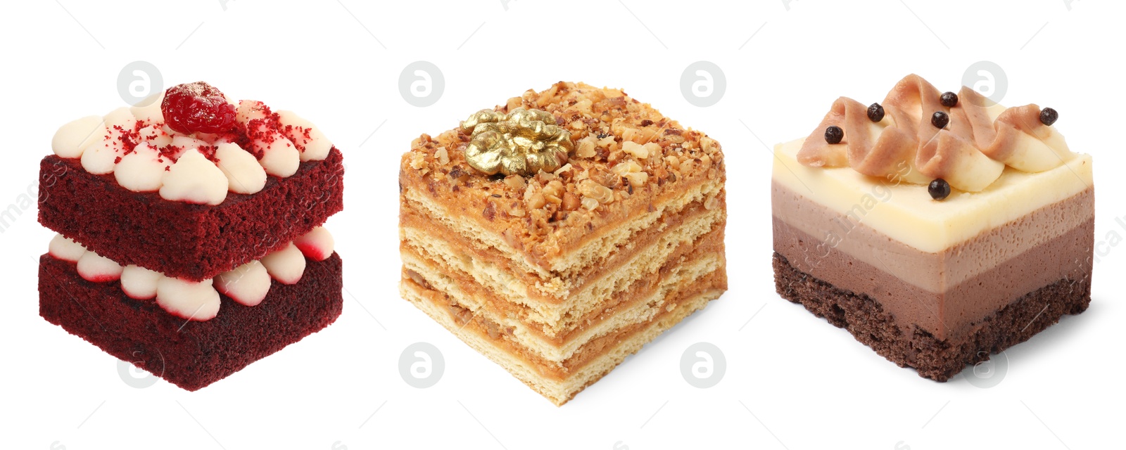 Different tasty sponge cakes isolated on white, set Image of Different tasty sponge cakes isolated on white, set