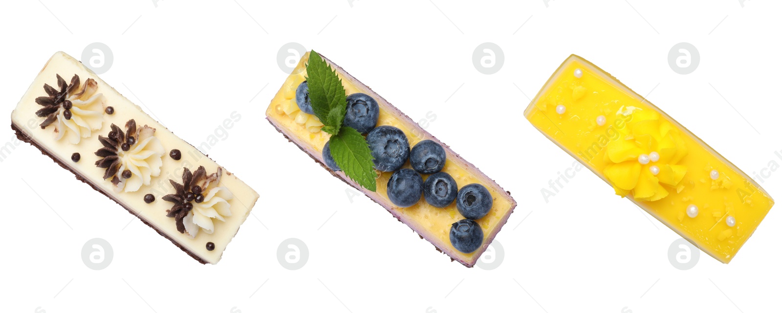 Different tasty cakes isolated on white, set. Top view Image of Different tasty cakes isolated on white, set. Top view