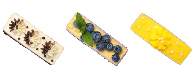 Image of Different tasty cakes isolated on white, set. Top view