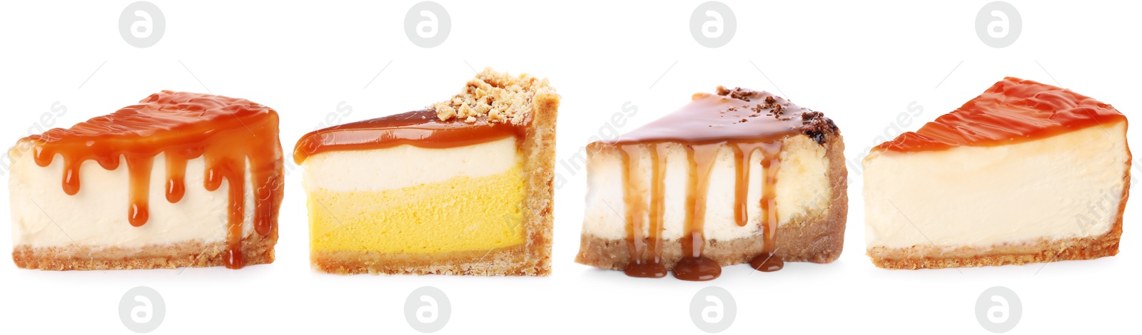 Different tasty cheesecakes isolated on white, set Image of Different tasty cheesecakes isolated on white, set