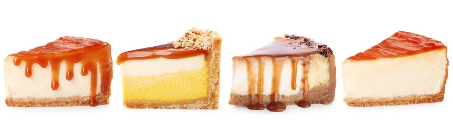 Image of Different tasty cheesecakes isolated on white, set