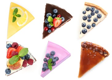 Image of Different tasty cakes isolated on white, set. Top view