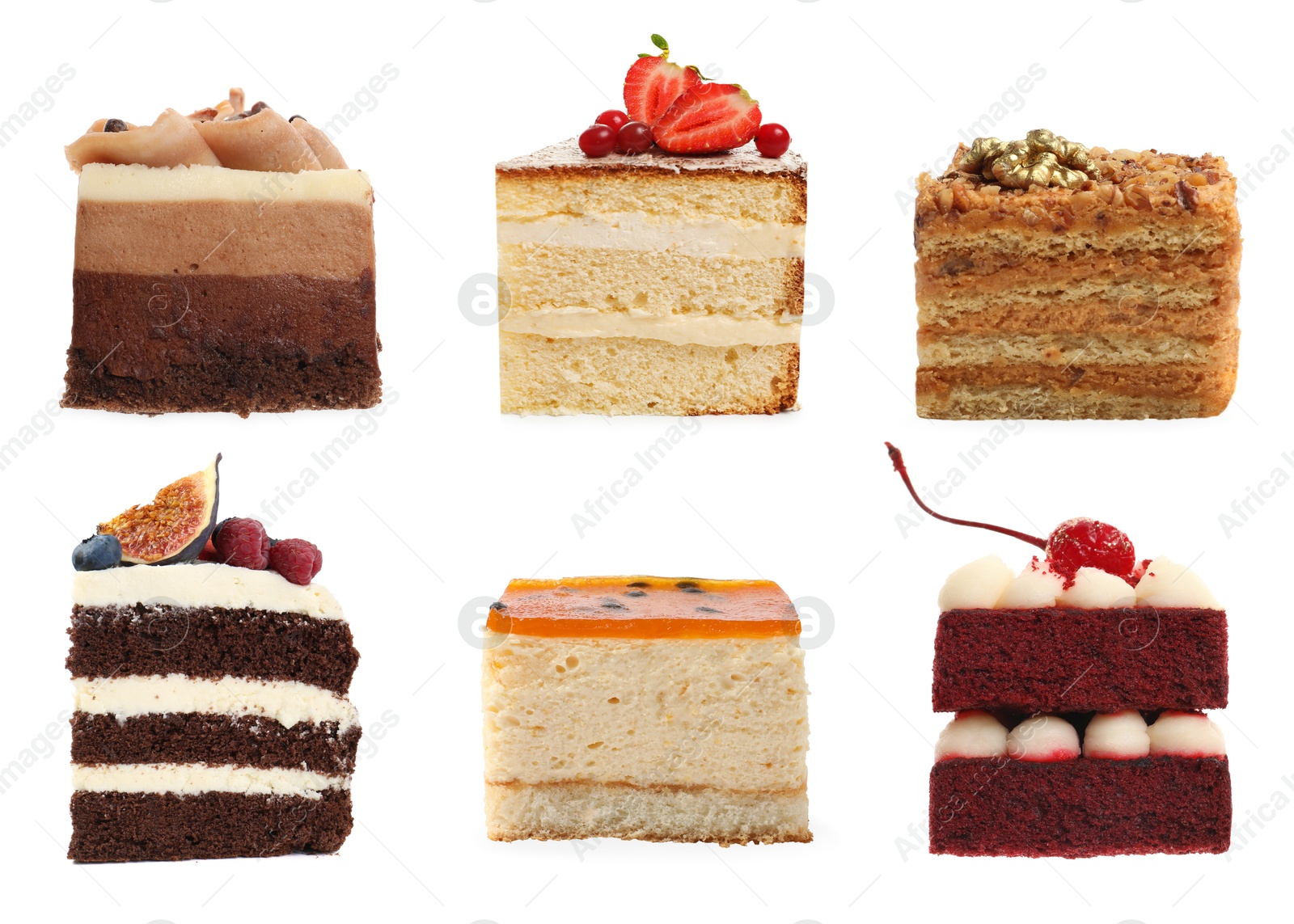 Different tasty cakes isolated on white, set Image of Different tasty cakes isolated on white, set