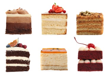 Image of Different tasty cakes isolated on white, set