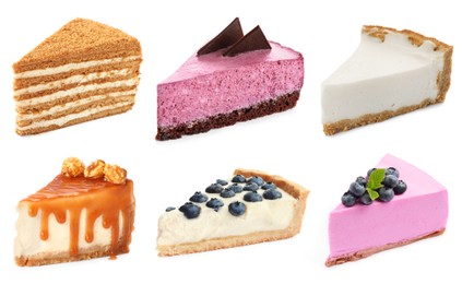 Image of Different tasty cakes isolated on white, set