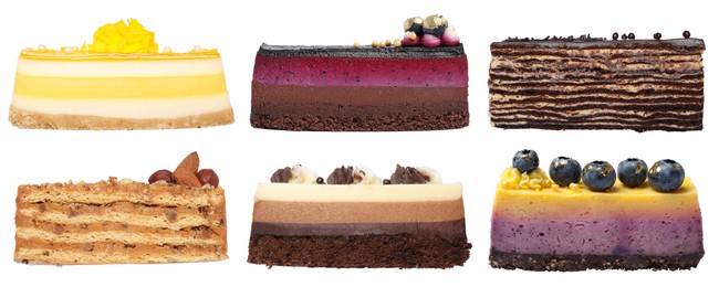 Image of Different tasty cakes isolated on white, set