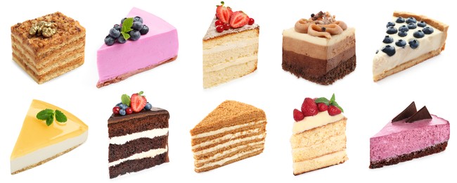 Image of Different tasty cakes isolated on white, set