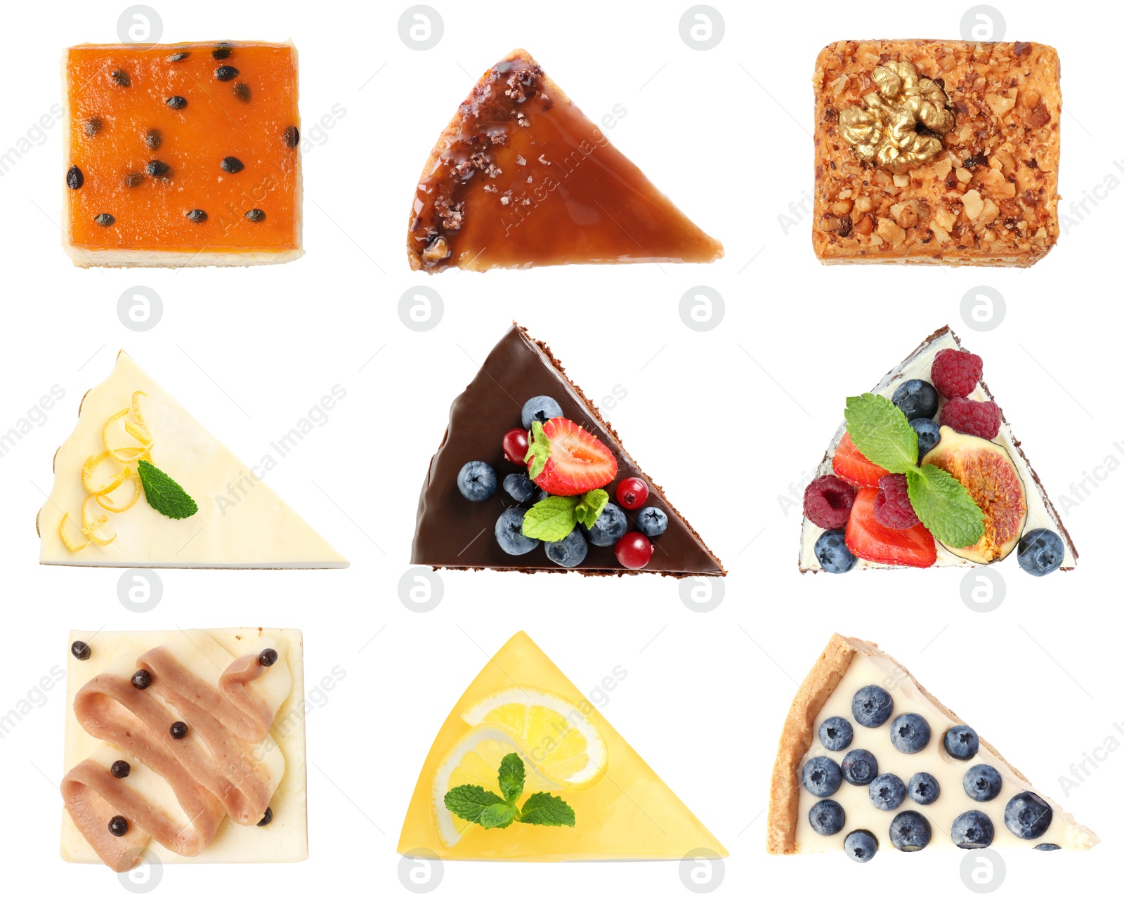 Different tasty cakes isolated on white, set. Top view Image of Different tasty cakes isolated on white, set. Top view