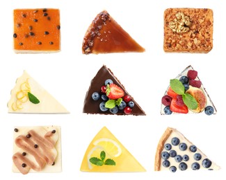 Image of Different tasty cakes isolated on white, set. Top view