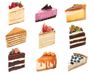 Image of Different tasty cakes isolated on white, set
