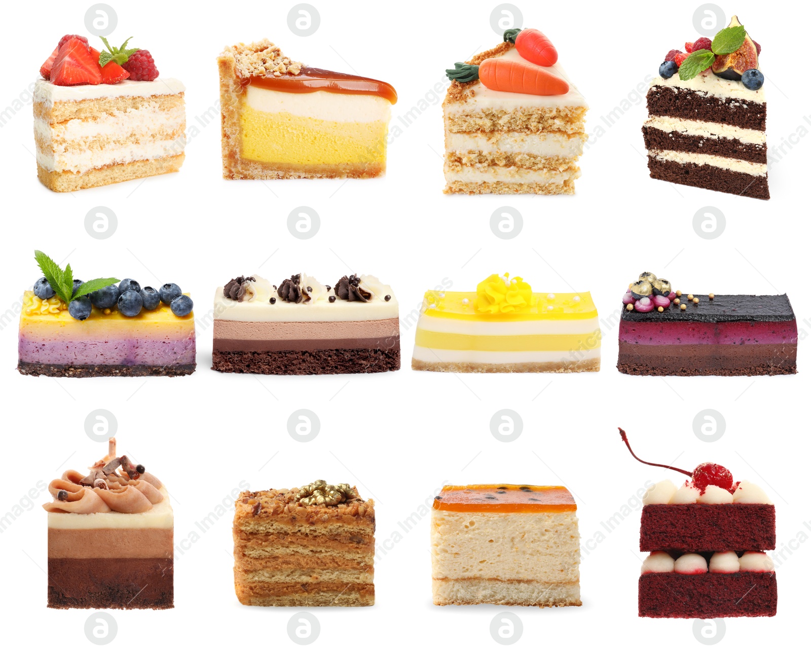 Different tasty cakes isolated on white, set Image of Different tasty cakes isolated on white, set
