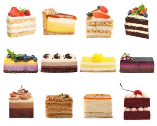 Image of Different tasty cakes isolated on white, set