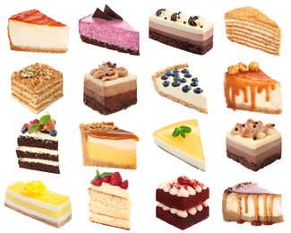 Image of Different tasty cakes isolated on white, set