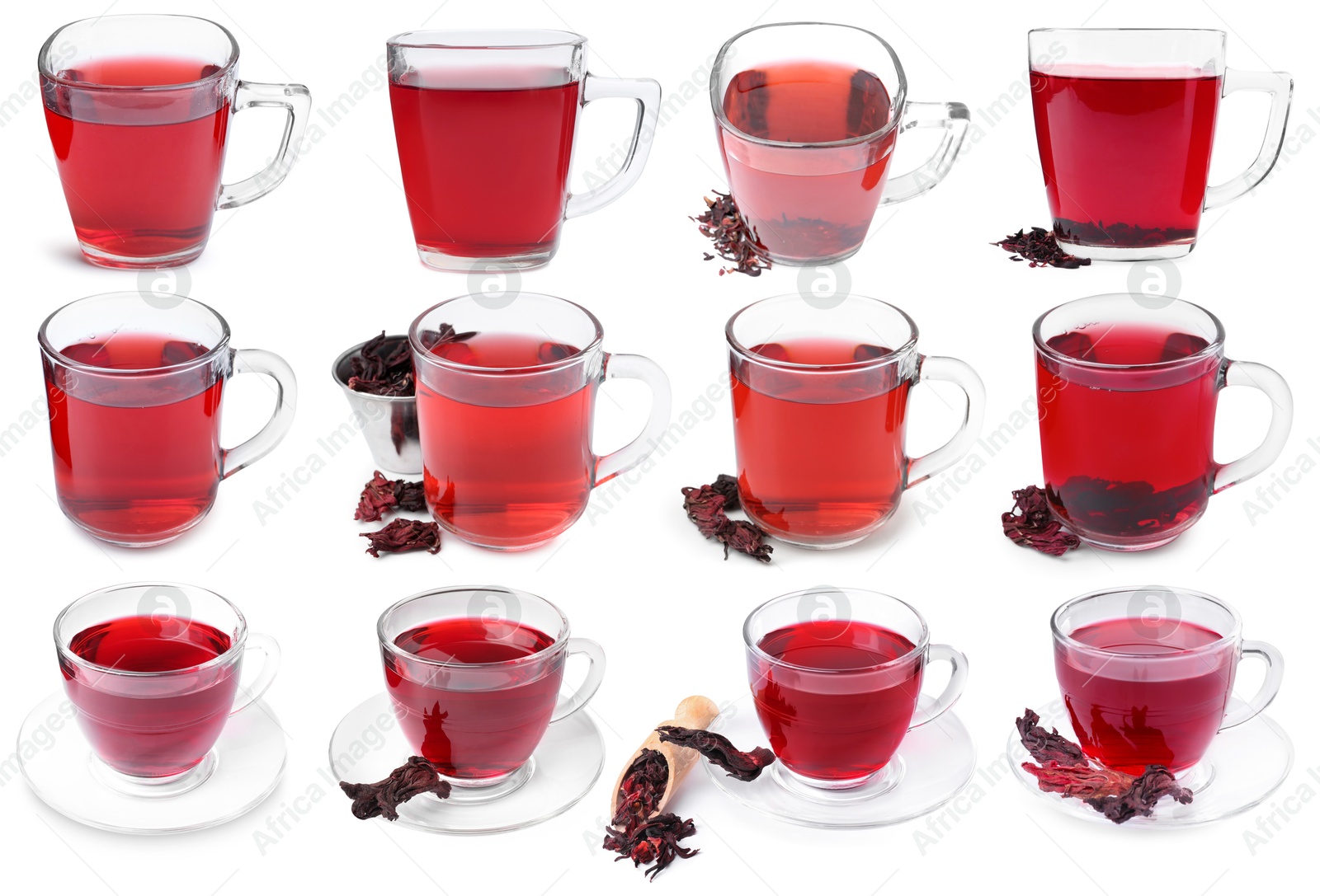 Hibiscus tea in glass cups and dried calyces isolated on white, set Image of Hibiscus tea in glass cups and dried calyces isolated on white, set