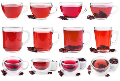 Image of Hibiscus tea in glass cups and dried calyces isolated on white, set