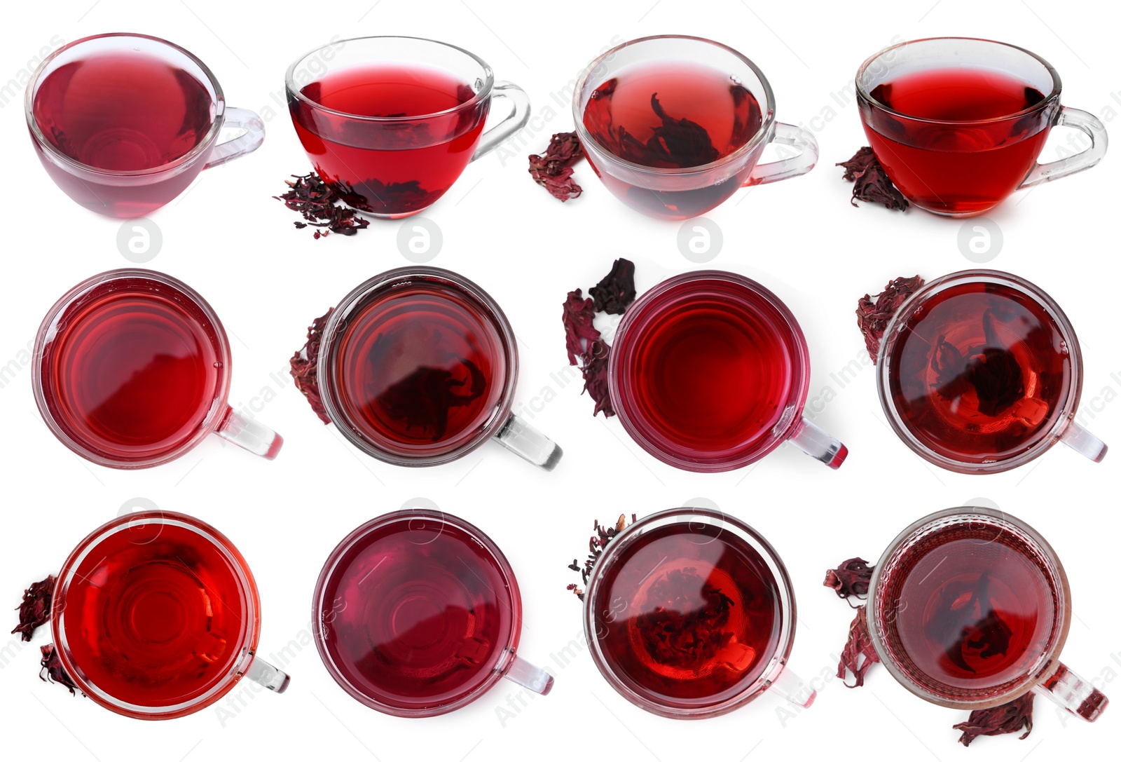 Hibiscus tea in glass cups and dried calyces isolated on white, set Image of Hibiscus tea in glass cups and dried calyces isolated on white, set
