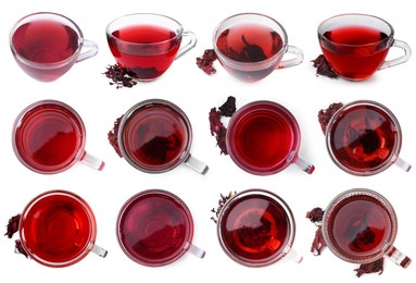 Image of Hibiscus tea in glass cups and dried calyces isolated on white, set