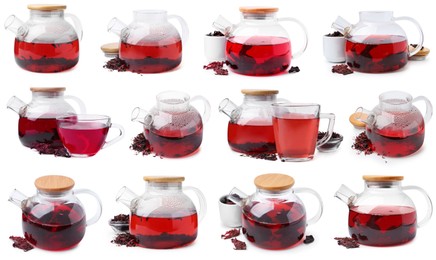 Image of Hibiscus tea and dried calyces isolated on white, set